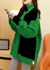 Italienische Grüne Hign Neck Dicken Patchwork Stricken Pullover
